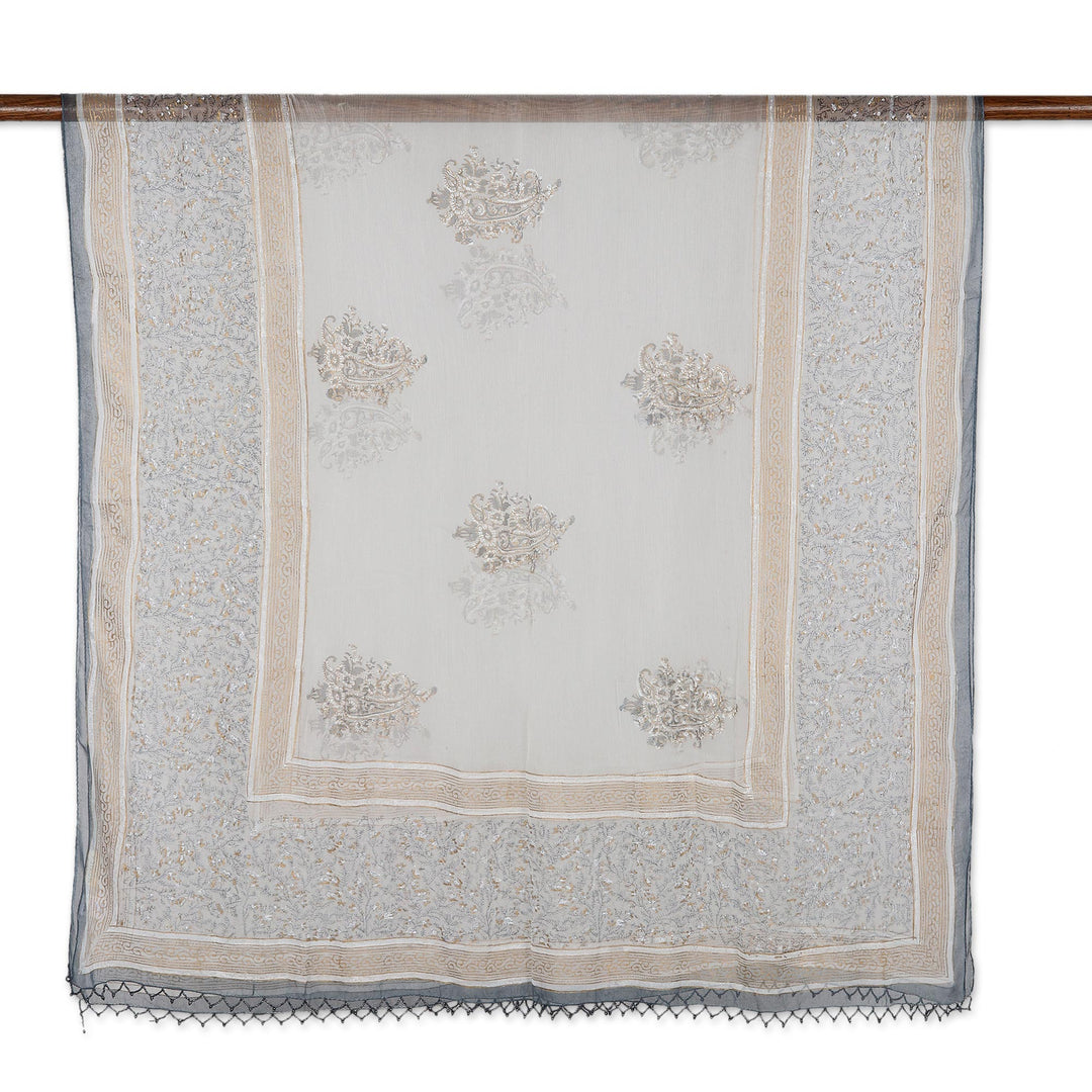 Block-Printed Paisley-Motif Viscose Shawl - Grey Paisley