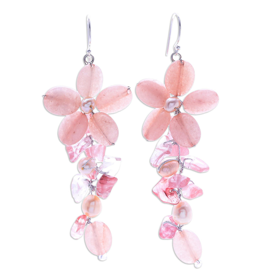 Pink Quartz and Cultured Pearl Floral Earrings - Petal Passion in Pink
