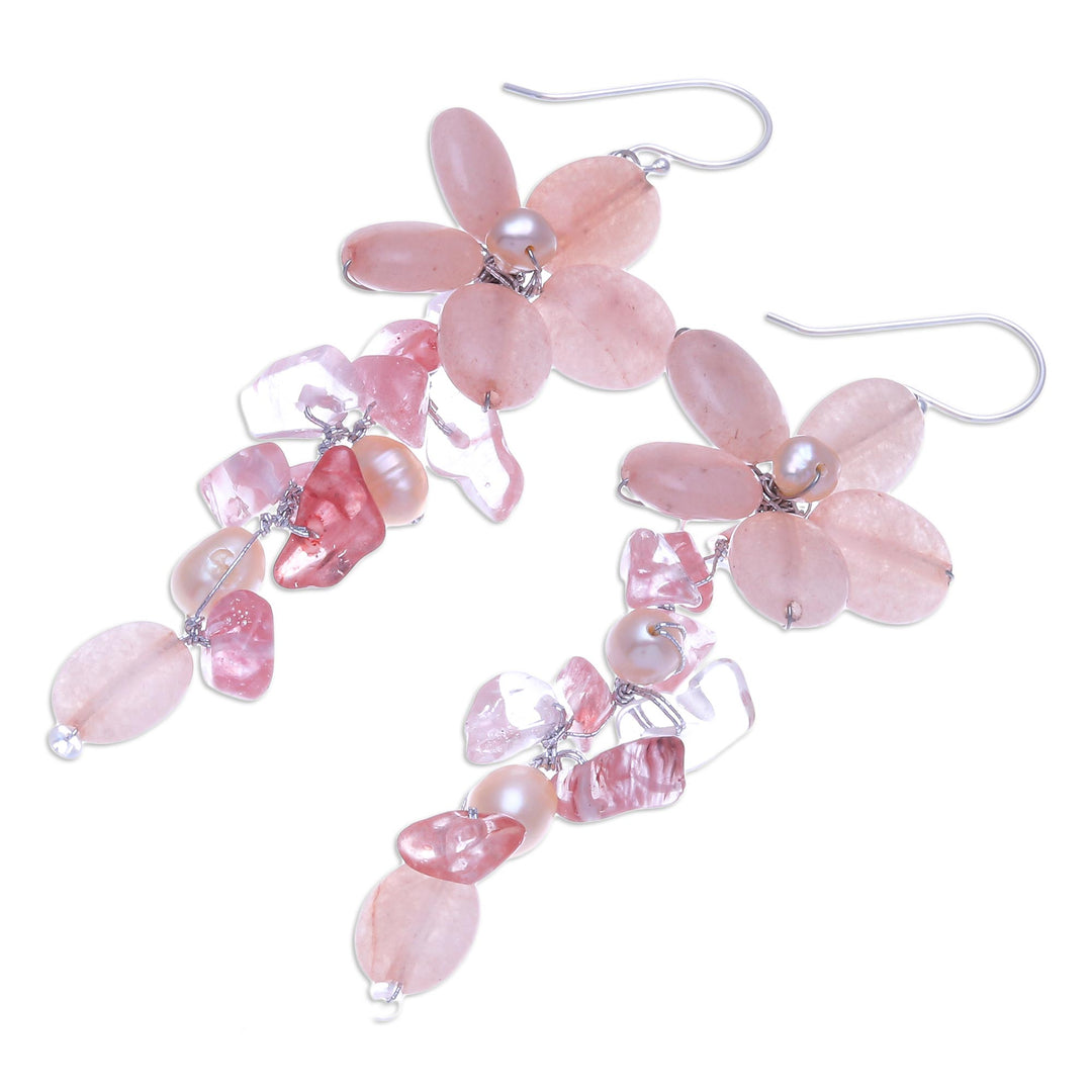 Pink Quartz and Cultured Pearl Floral Earrings - Petal Passion in Pink