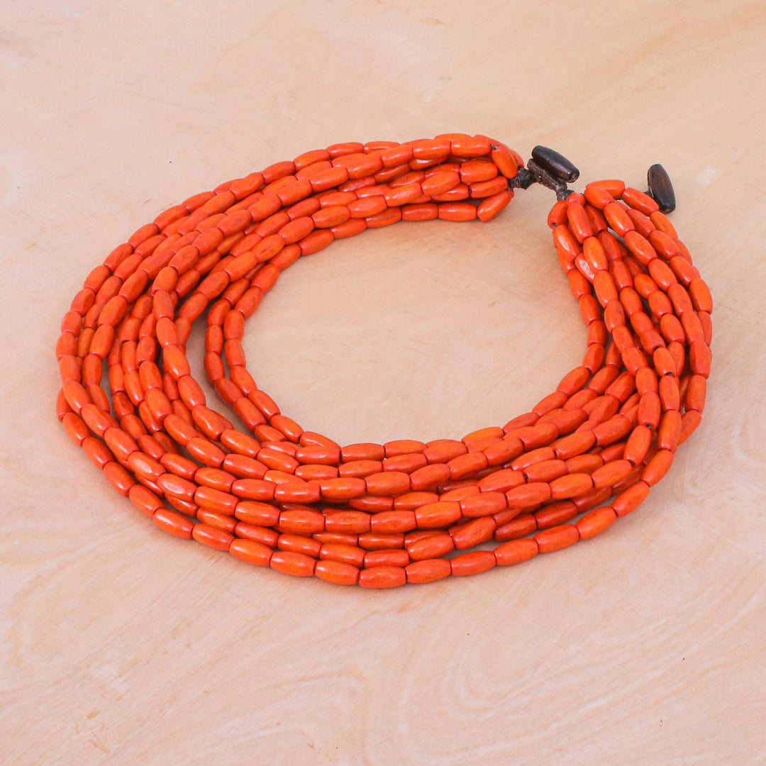 Hand Crafted Beaded Wood Necklace from Thailand - Glorious You in Orange