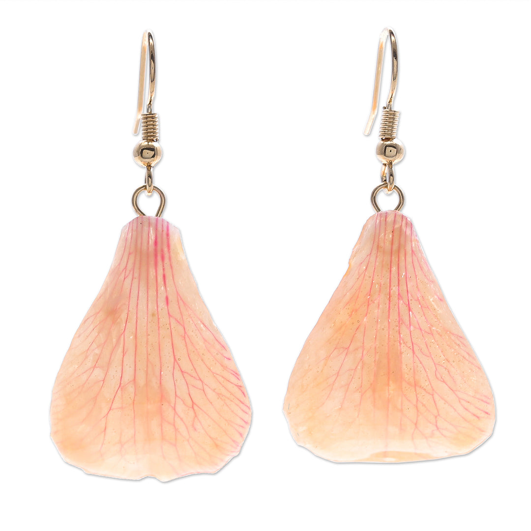Gold-Plated Orange Orchid Petal Dangle Earrings - Summer Treat in Orange
