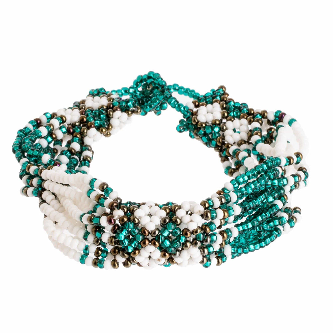 Green and Bronze Beaded Bracelet - Flower Harmony in Emerald