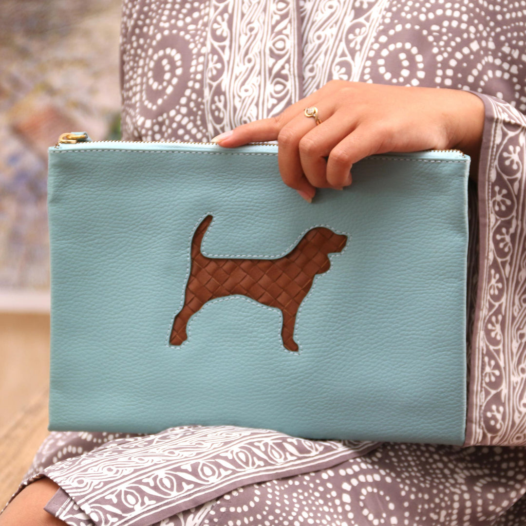 Handmade Dog-Themed Leather Clutch - Dog's Life in Blue