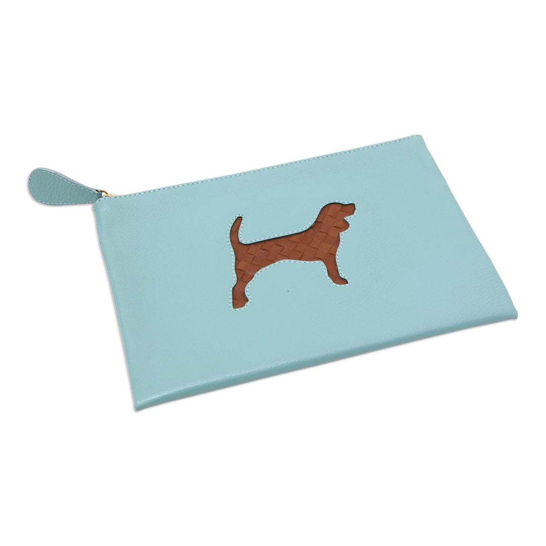 Handmade Dog-Themed Leather Clutch - Dog's Life in Blue