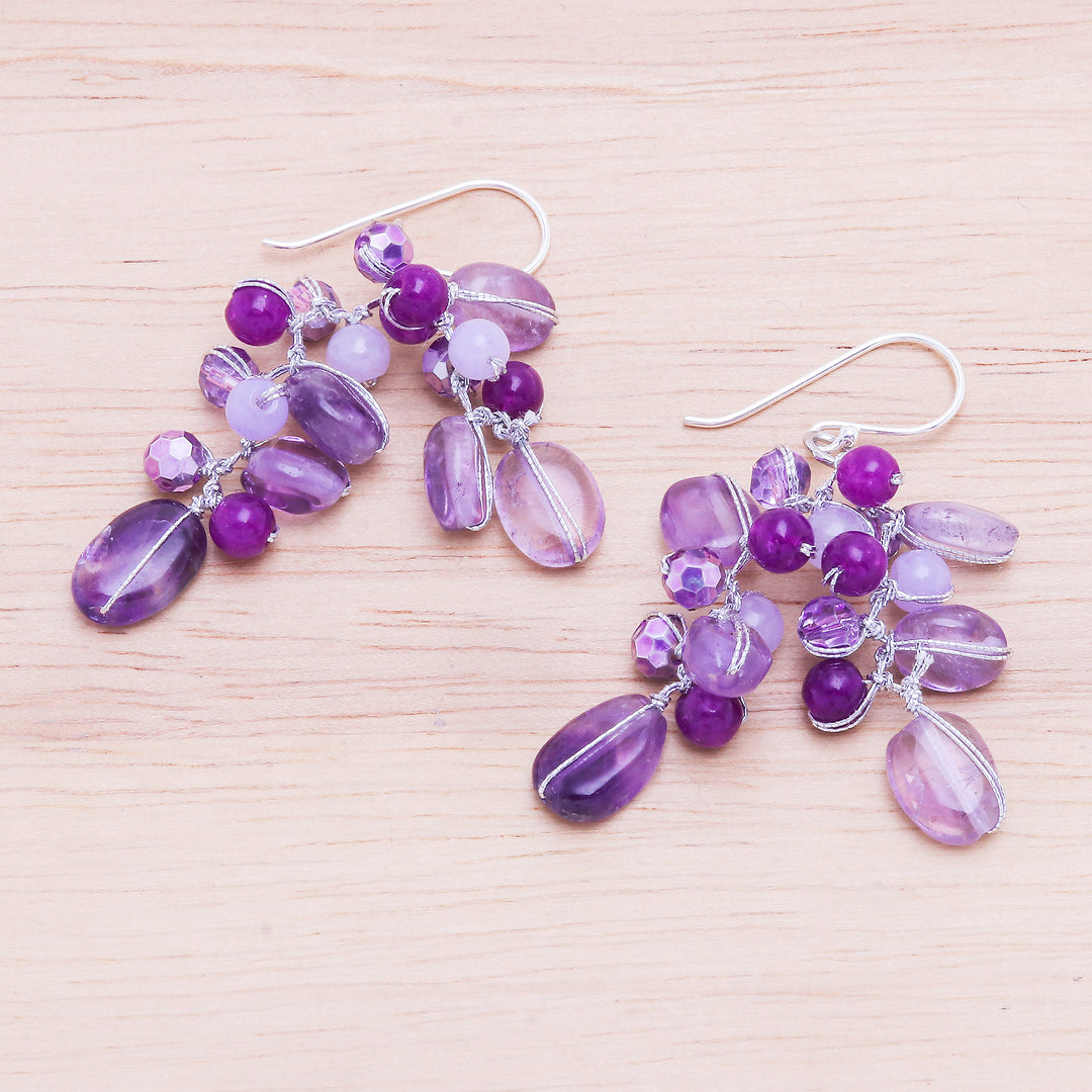 Amethyst and Quartz Beaded Dangle Earrings - Grape Picking
