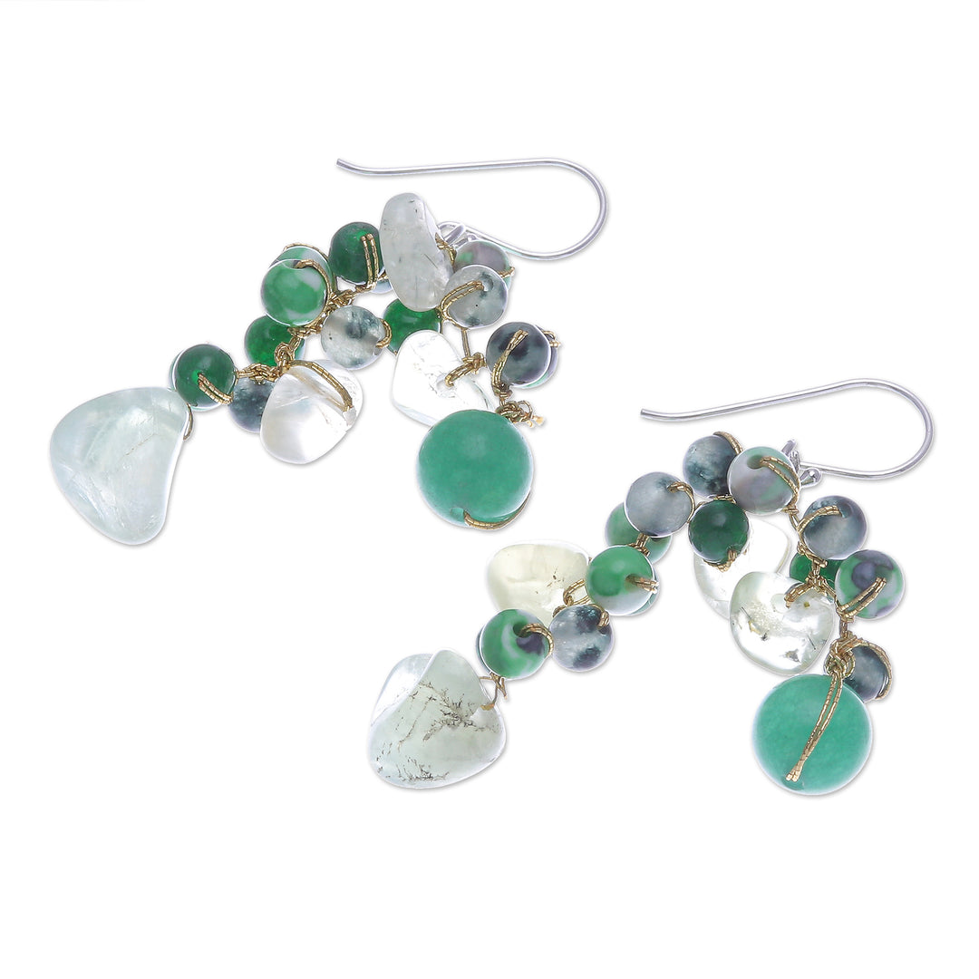 Hand Crafted Prehnite and Quartz Dangle Earrings - Green Countryside