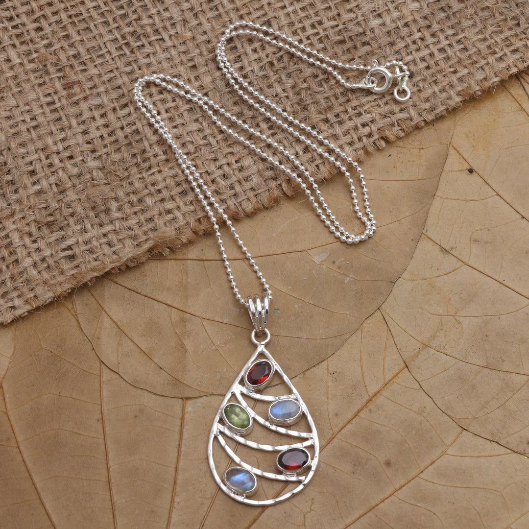Garnet and Rainbow Moonstone Pendant Necklace - Rainbow Skyline