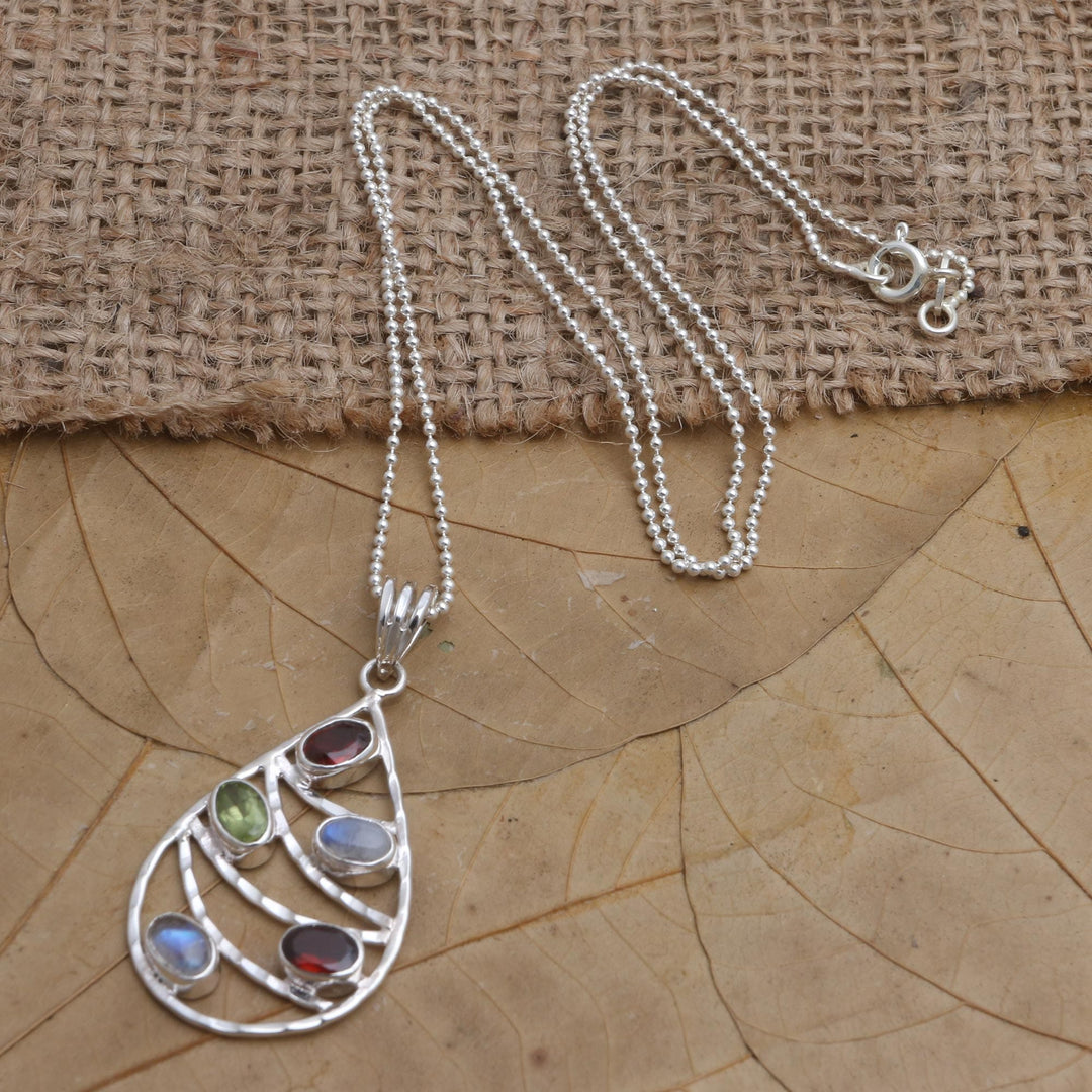 Garnet and Rainbow Moonstone Pendant Necklace - Rainbow Skyline
