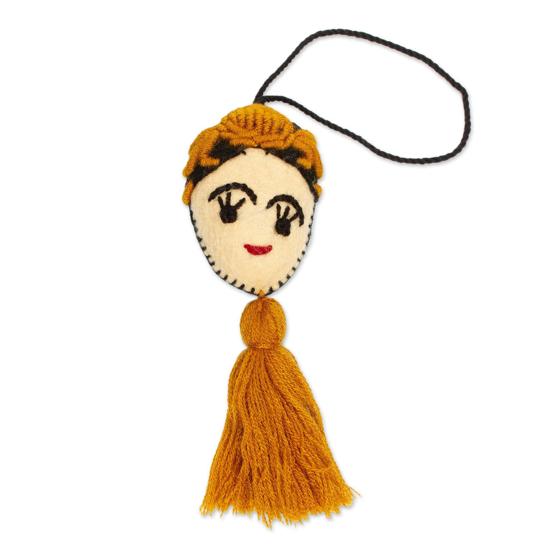 Handmade Golden Yellow Wool Frida Ornament - Frida in Gold