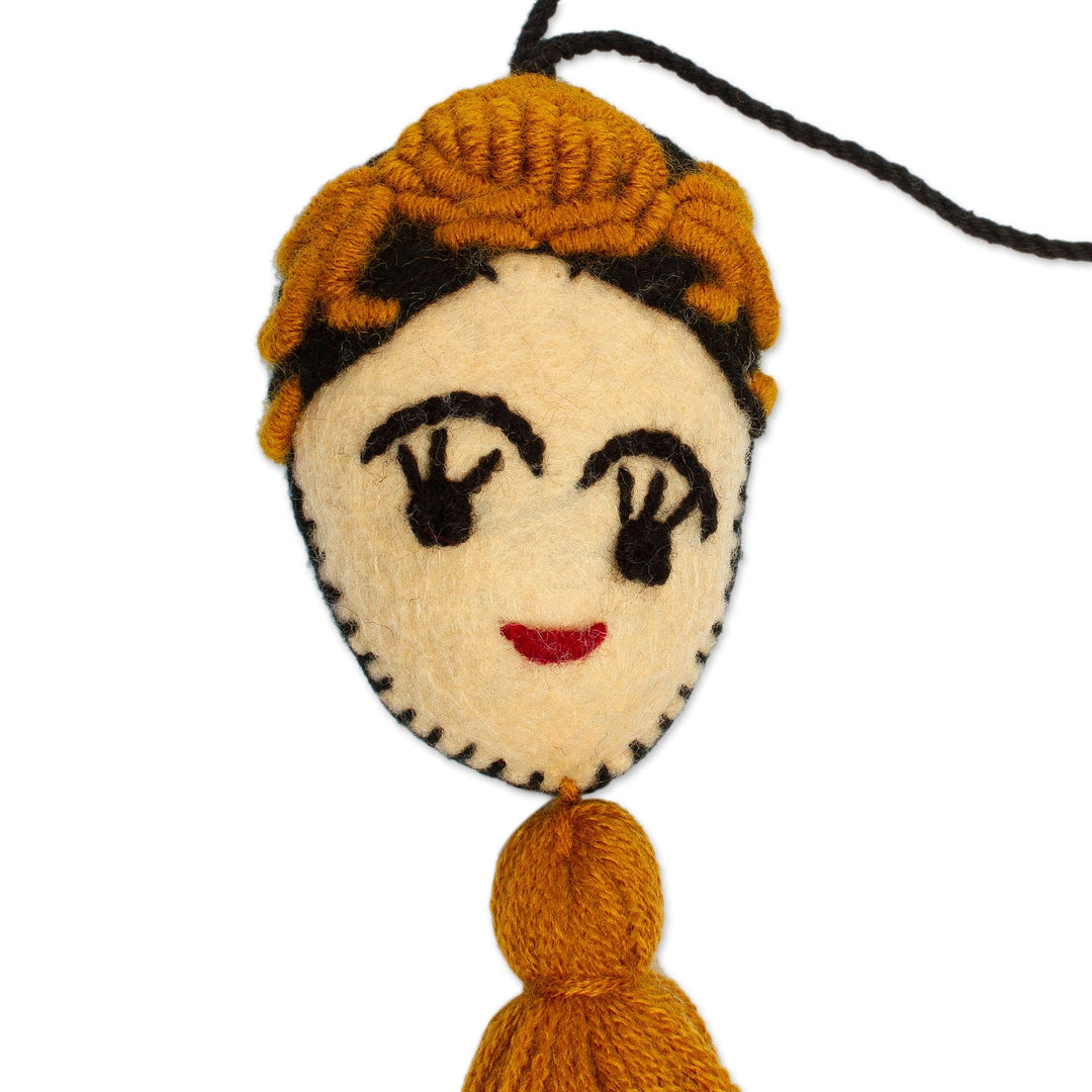 Handmade Golden Yellow Wool Frida Ornament - Frida in Gold