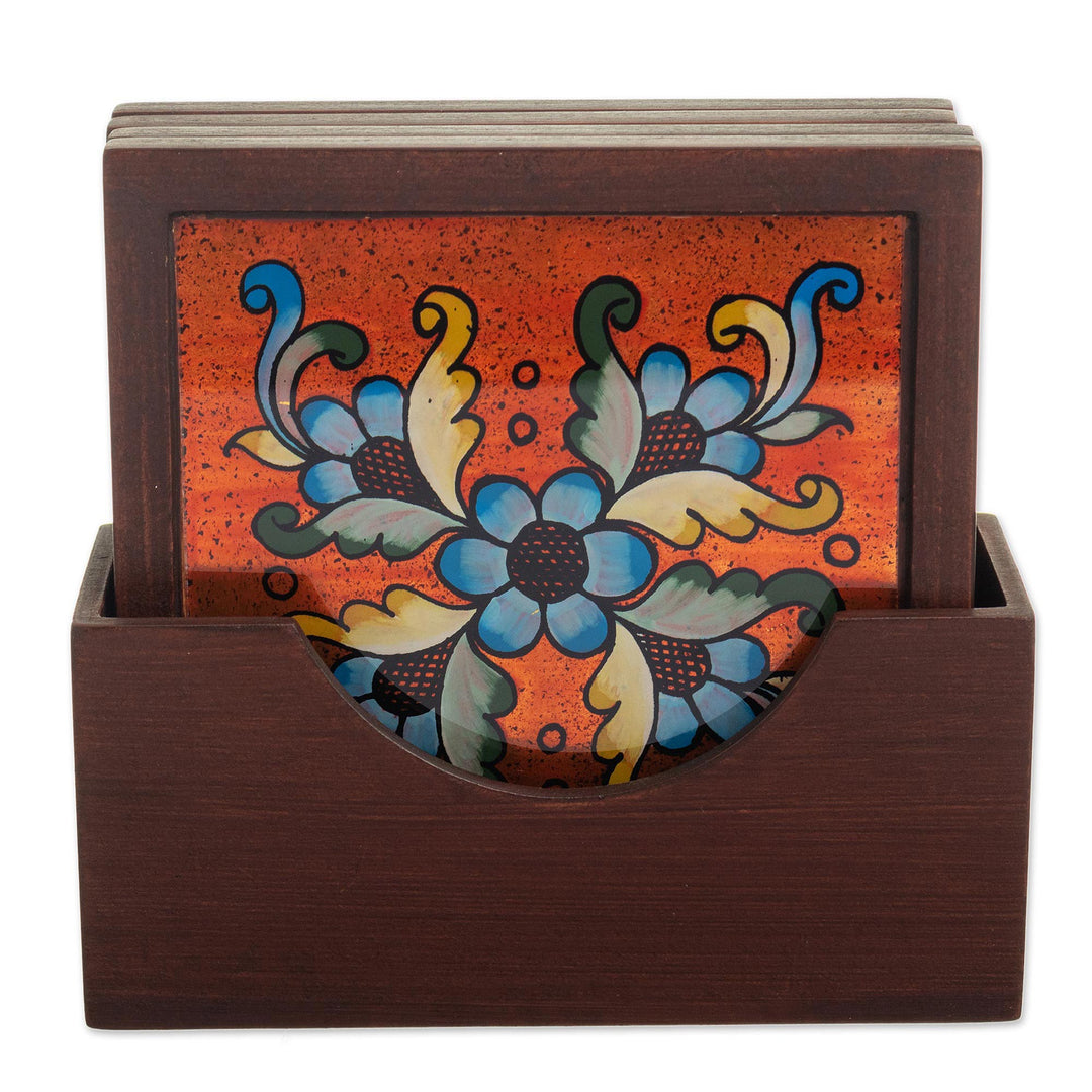 Artisan Crafted Glass and Wood Coasters (Set of 4) - Morning Flowers