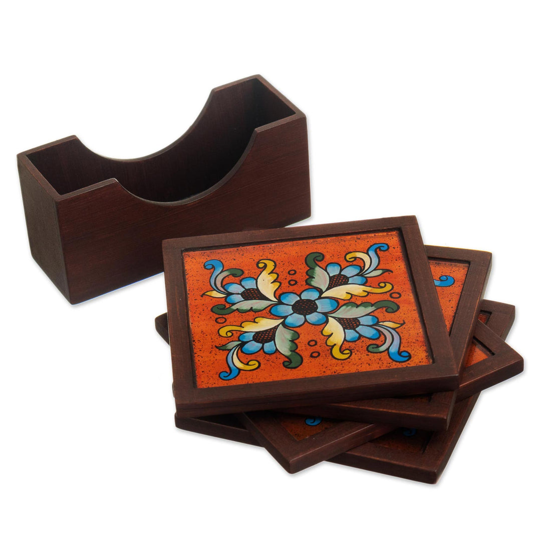 Artisan Crafted Glass and Wood Coasters (Set of 4) - Morning Flowers