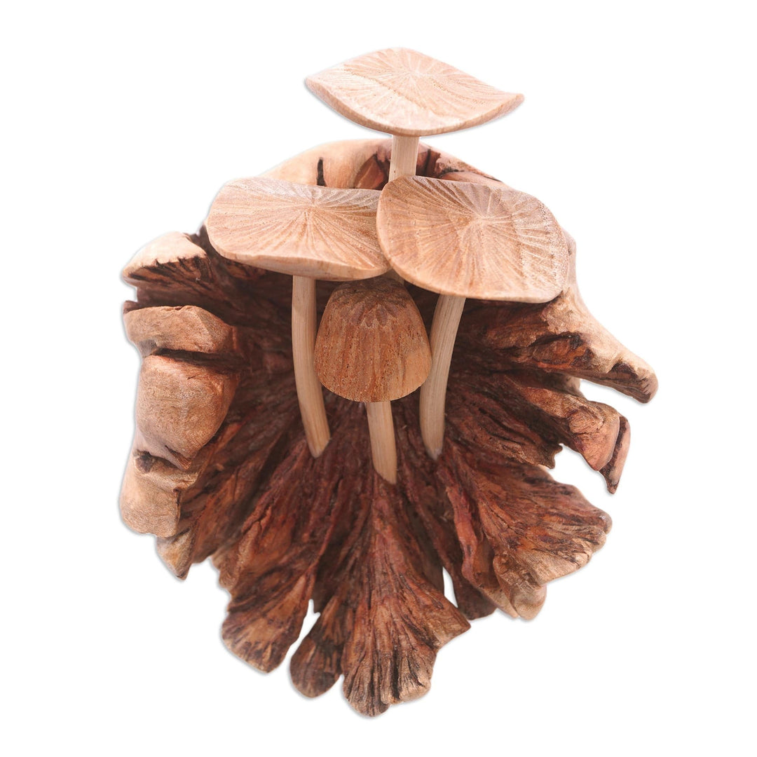 Hand Carved Balinese Mushroom Statuette - Young Mushrooms