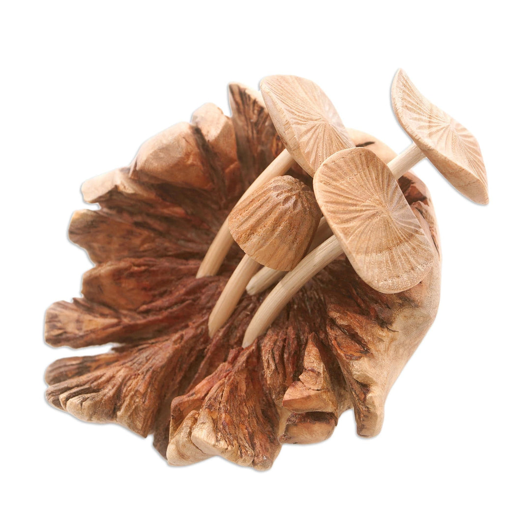 Hand Carved Balinese Mushroom Statuette - Young Mushrooms