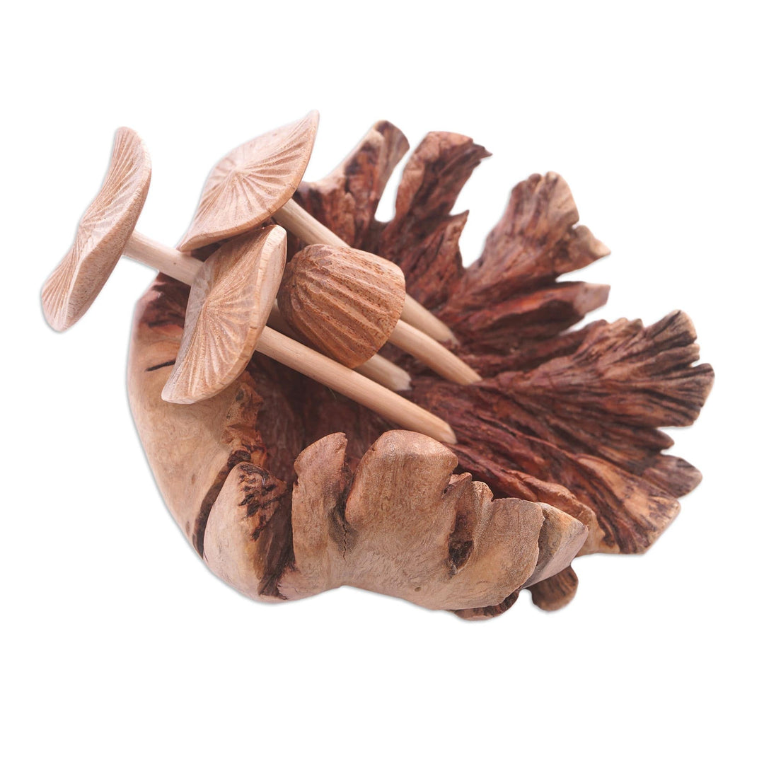 Hand Carved Balinese Mushroom Statuette - Young Mushrooms