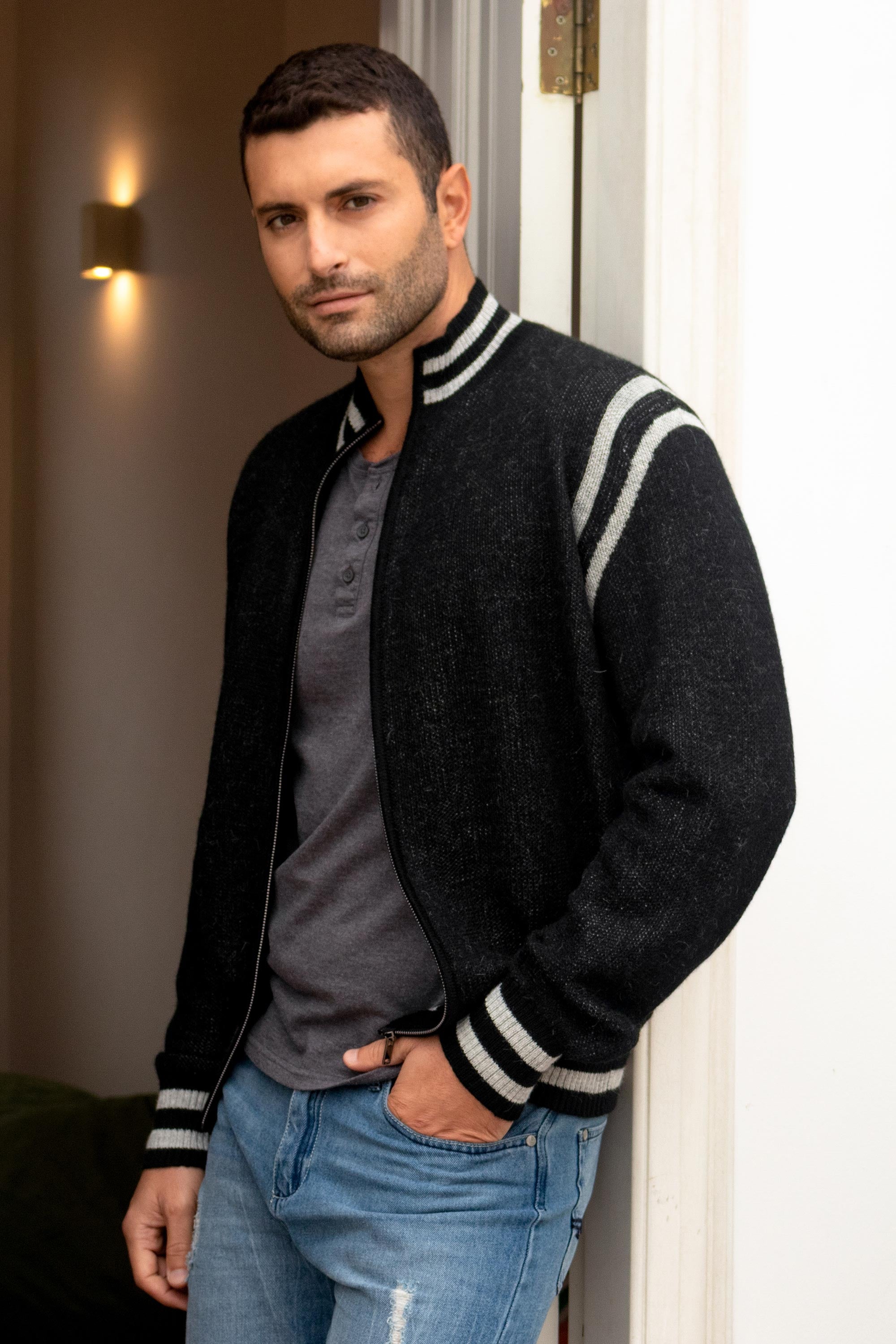 Andes Men's Black Alpaca Blend Lettermen Cardigan Sweater