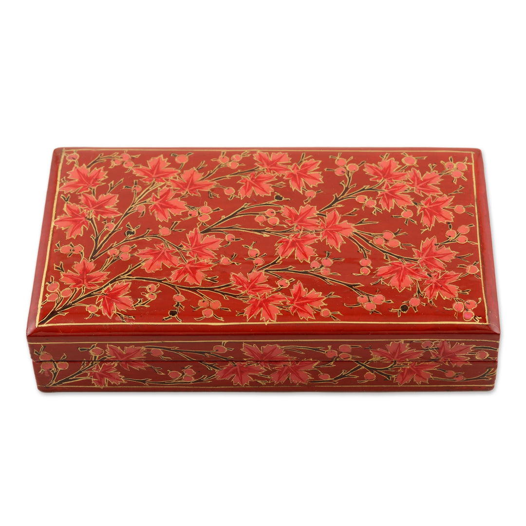 Hand-Painted Decorative Papier Mache Box from India - Festive Trees in Red
