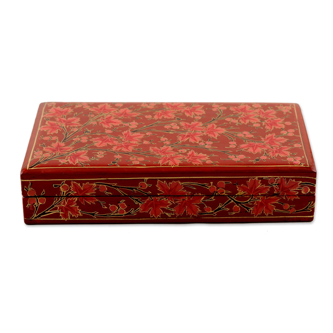 Hand-Painted Decorative Papier Mache Box from India - Festive Trees in Red