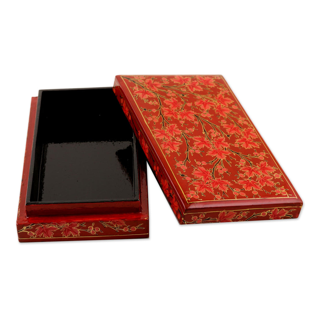 Hand-Painted Decorative Papier Mache Box from India - Festive Trees in Red