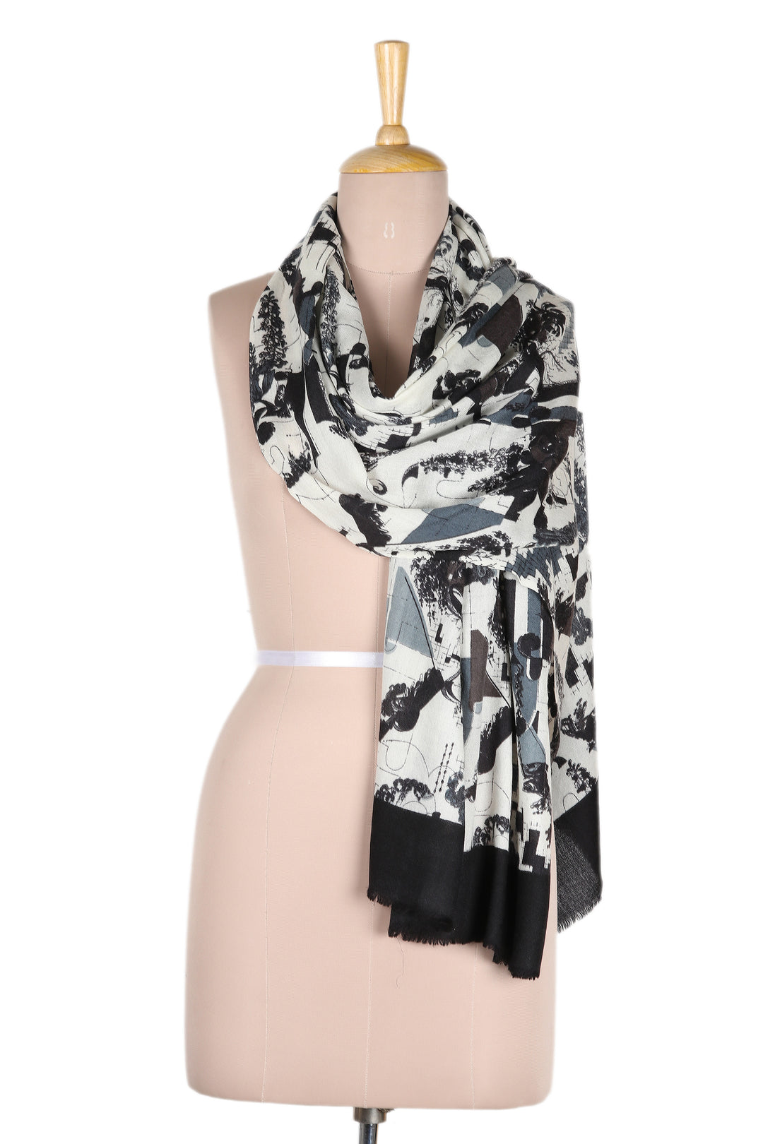 Modern Abstract Handwoven Wool Shawl in White Black Grey - Modern Art