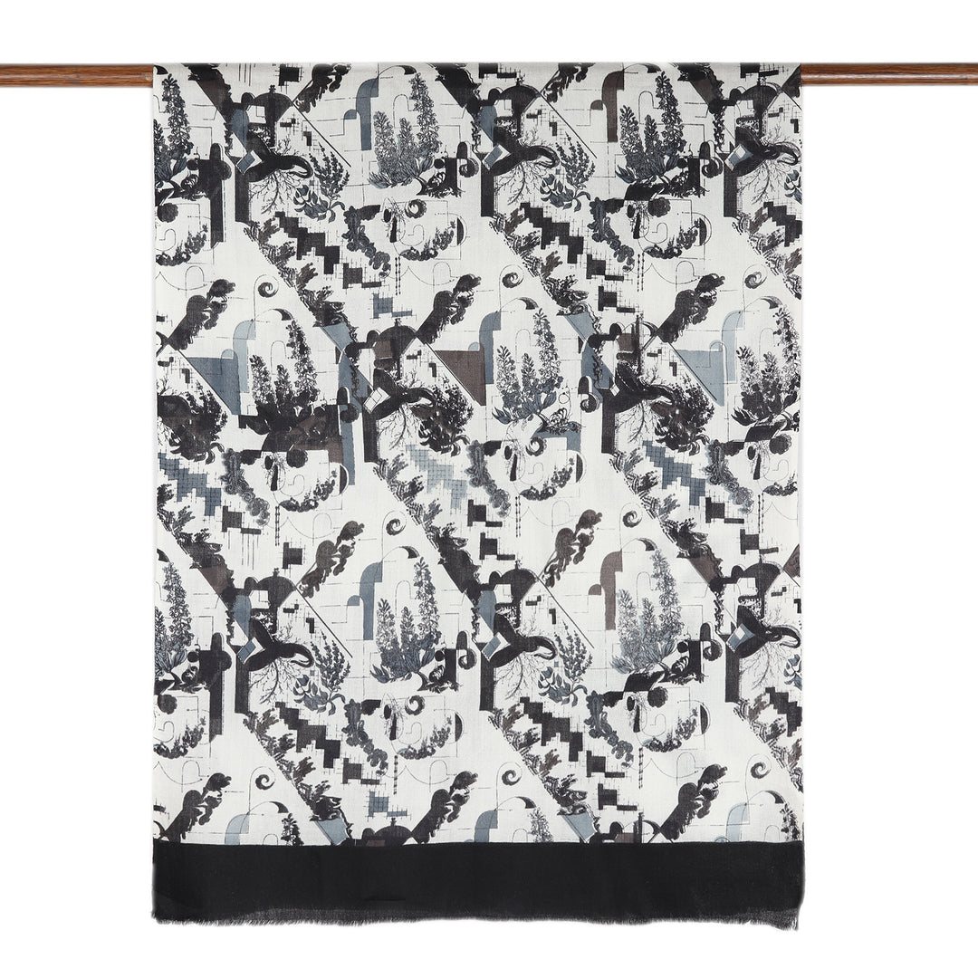 Modern Abstract Handwoven Wool Shawl in White Black Grey - Modern Art