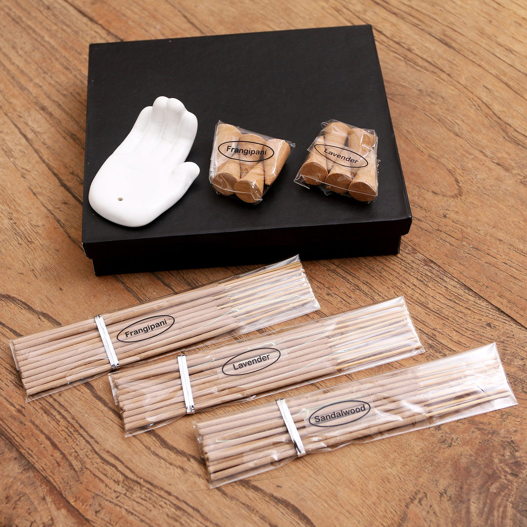 Lavender and Frangipani Ceramic Incense Set - White Palm