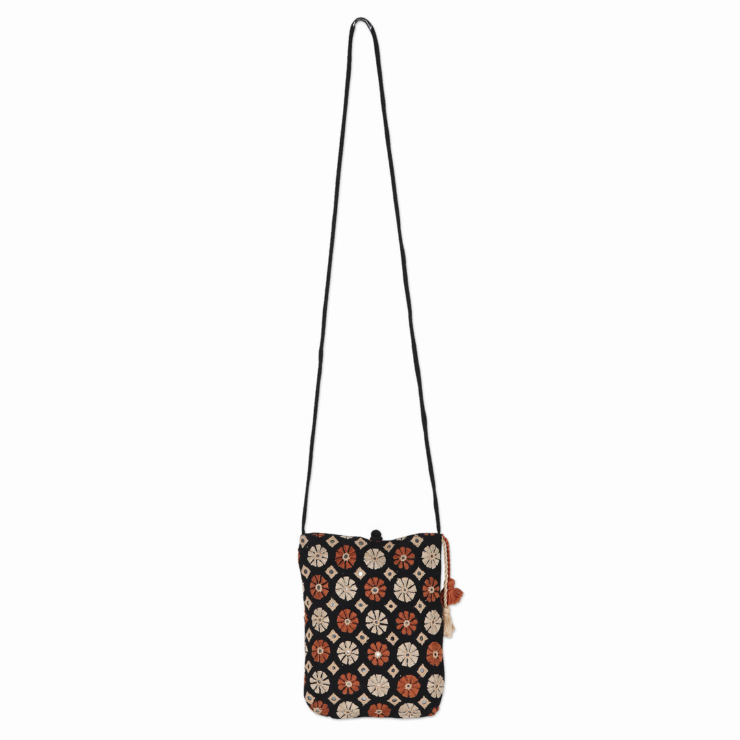 Hand-Embroidered Cotton Sling Bag from India - Spinning Blossoms