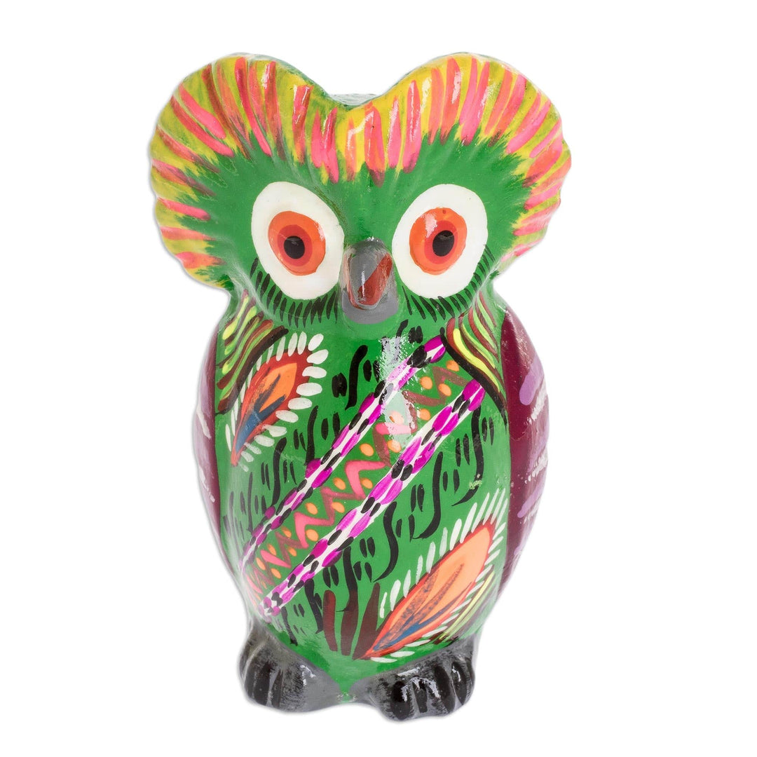 Decorated Green Ceramic Owl Figure from Guatemala - Rainforest Owl