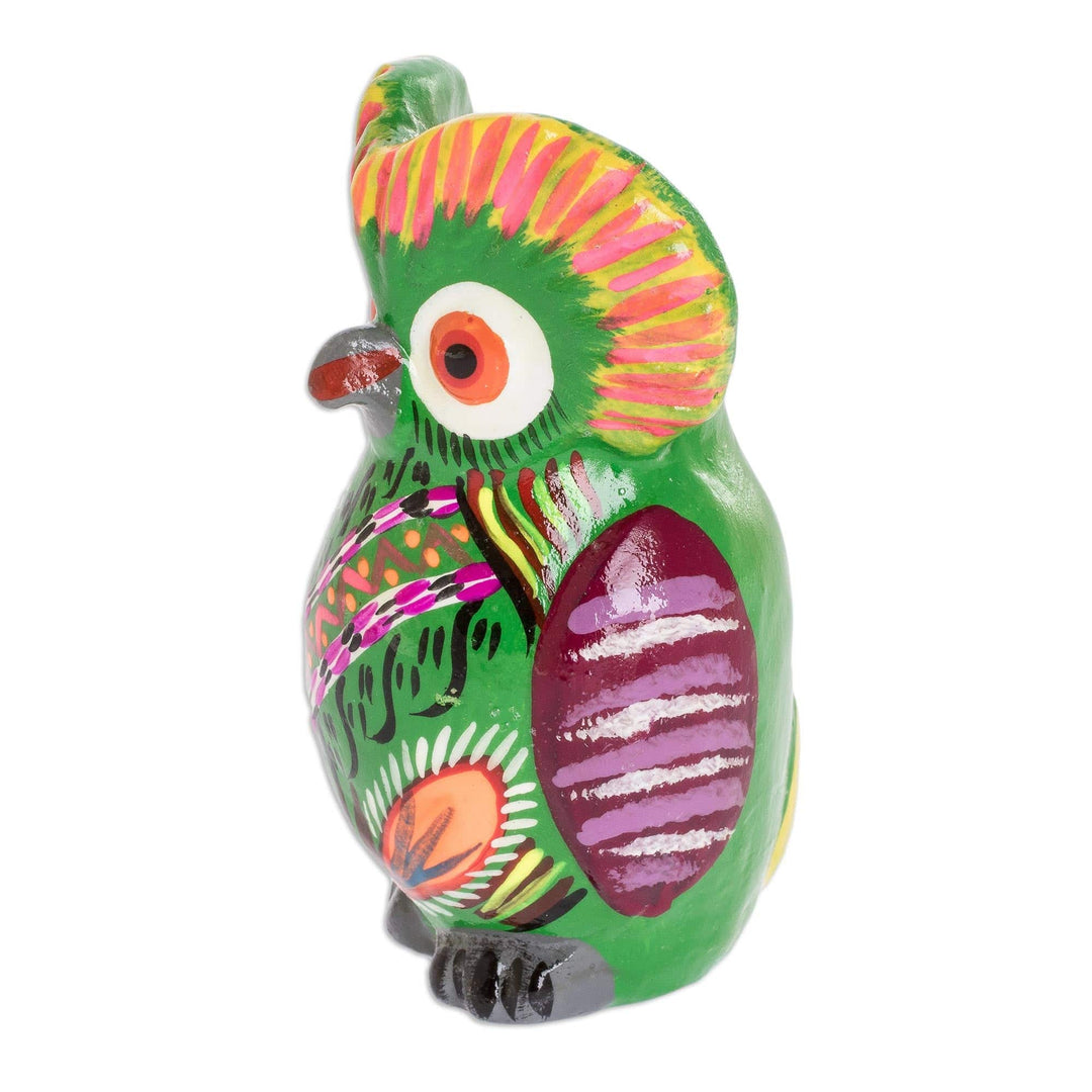 Decorated Green Ceramic Owl Figure from Guatemala - Rainforest Owl