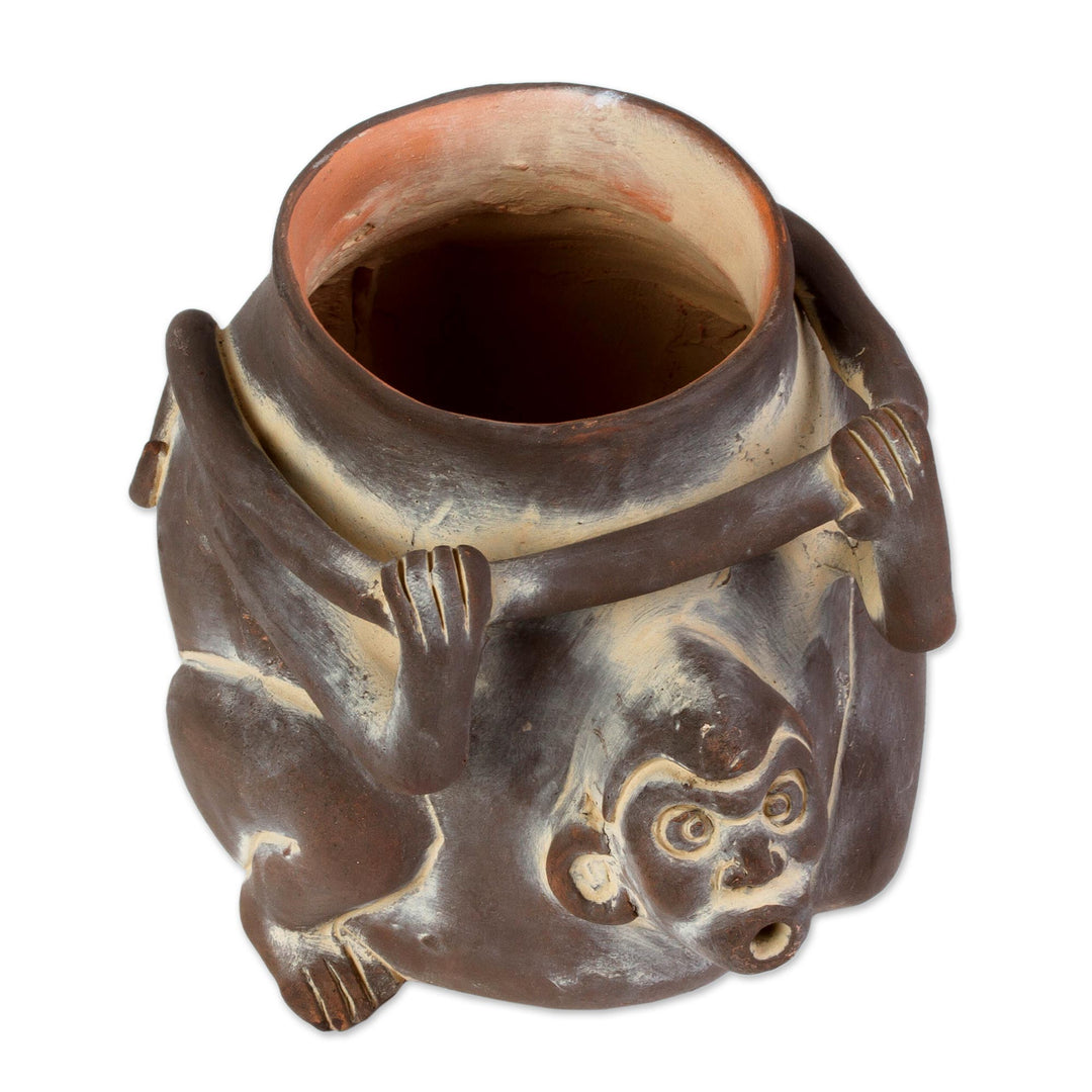 Ceramic Monkey Shaped Jar Replica in Brown from Mexico - Monkeyshines