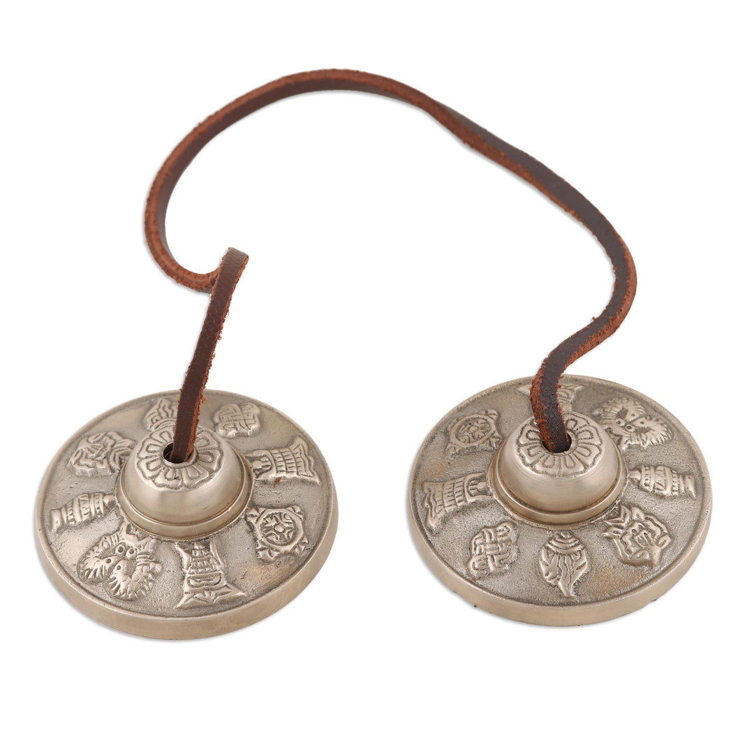 Leather Accented Brass Prayer Bells from India - Ritual Sound