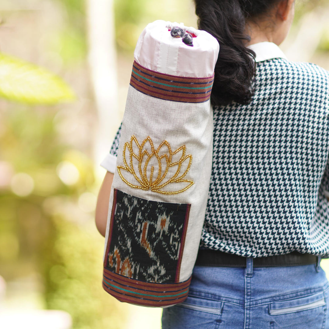 Ikat Cotton Yoga Mat Carrier from Java - Large Lotus Lagoon in Ivory