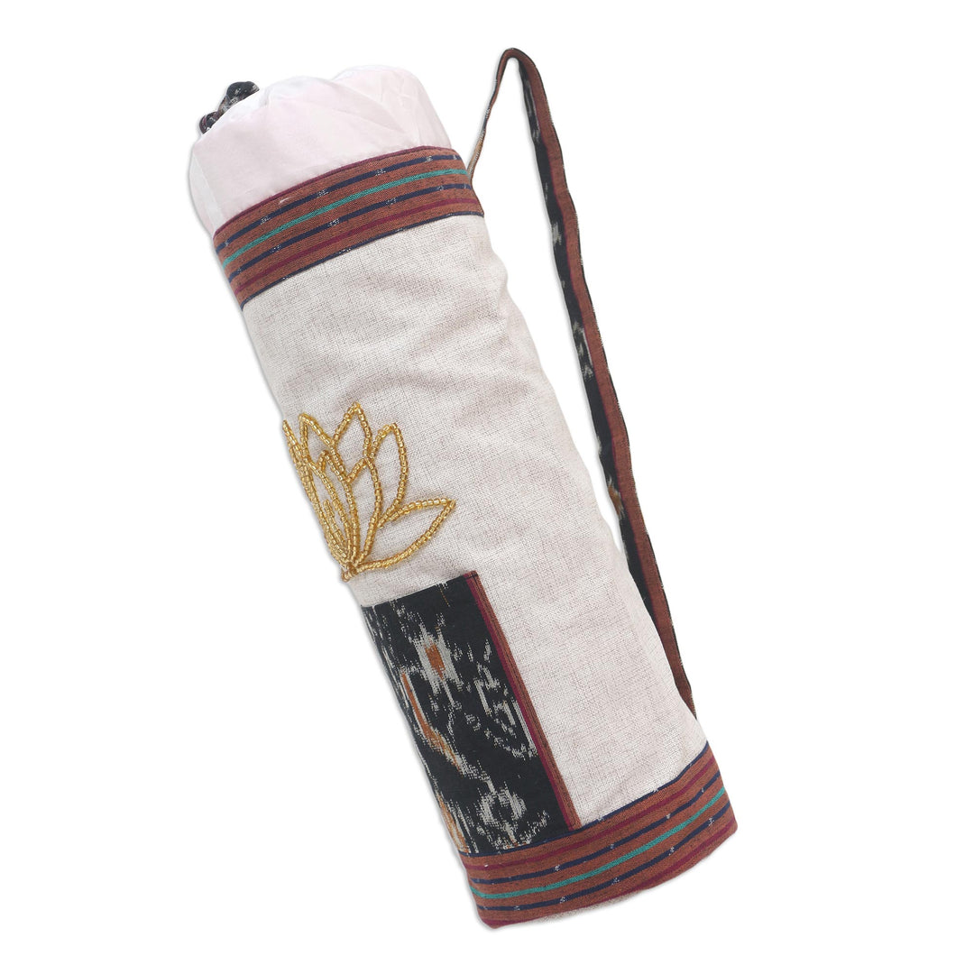 Ikat Cotton Yoga Mat Carrier from Java - Large Lotus Lagoon in Ivory