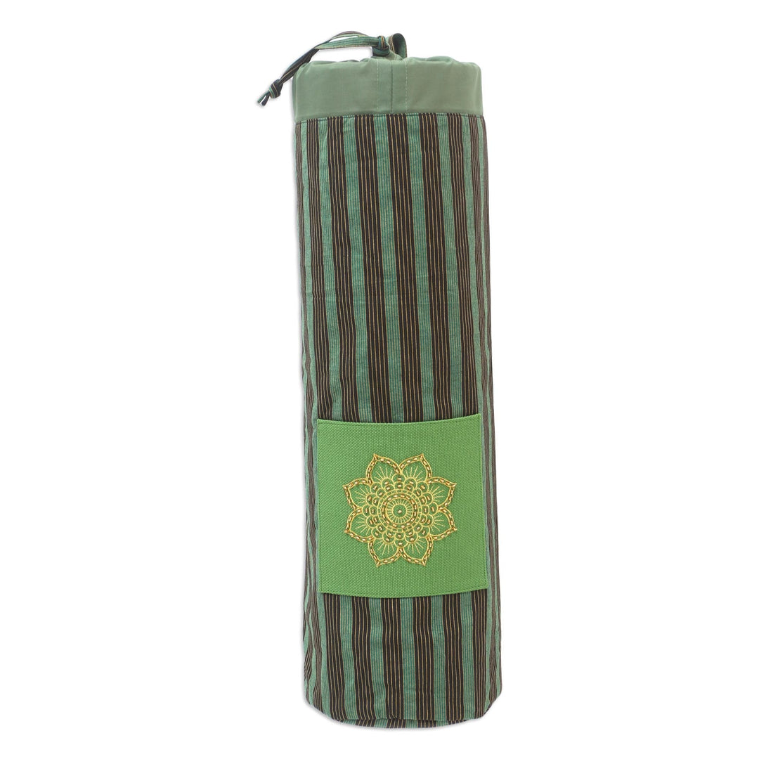 Green Ikat Cotton Yoga Mat Carrier from Java - Large Striped Mandala