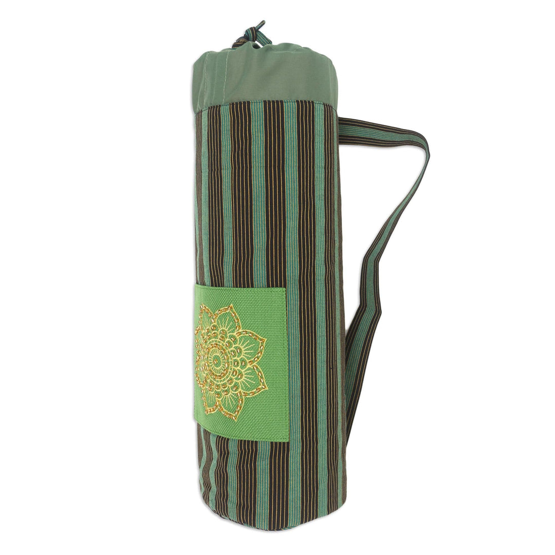Green Ikat Cotton Yoga Mat Carrier from Java - Large Striped Mandala