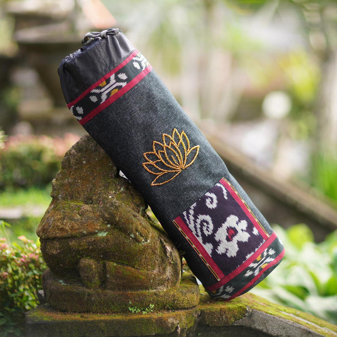 Ikat Cotton Yoga Mat Carrier with Glass Bead Accent - Large Lotus Lagoon in Black