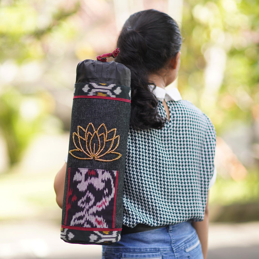 Ikat Cotton Yoga Mat Carrier with Glass Bead Accent - Large Lotus Lagoon in Black
