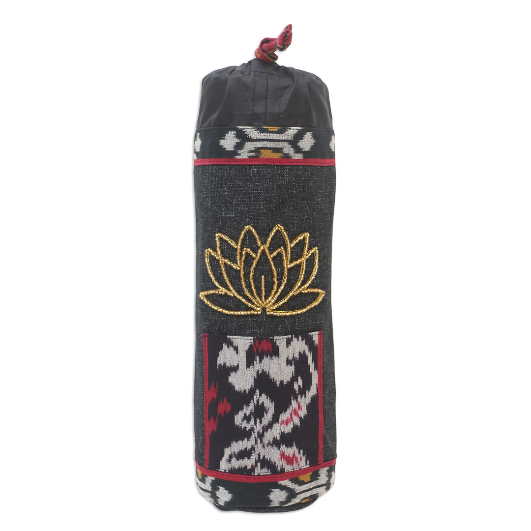 Ikat Cotton Yoga Mat Carrier with Glass Bead Accent - Large Lotus Lagoon in Black