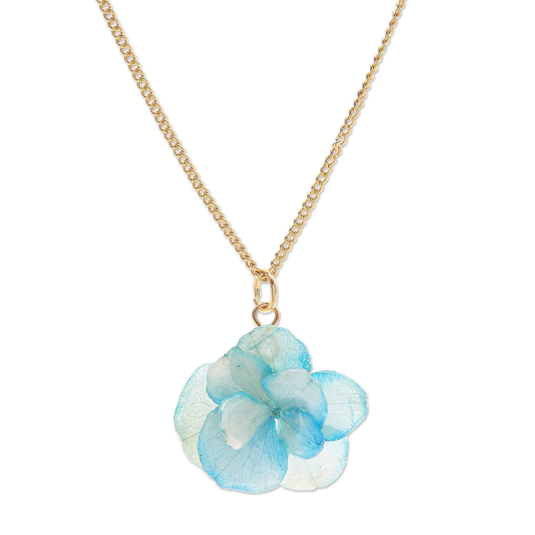 Gold-Plated Blue Hydrangea Petal Pendant Necklace - Wild Hydrangea in Blue
