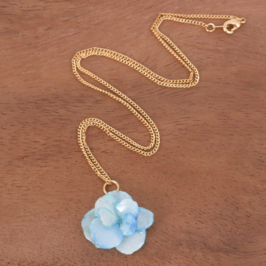 Gold-Plated Blue Hydrangea Petal Pendant Necklace - Wild Hydrangea in Blue