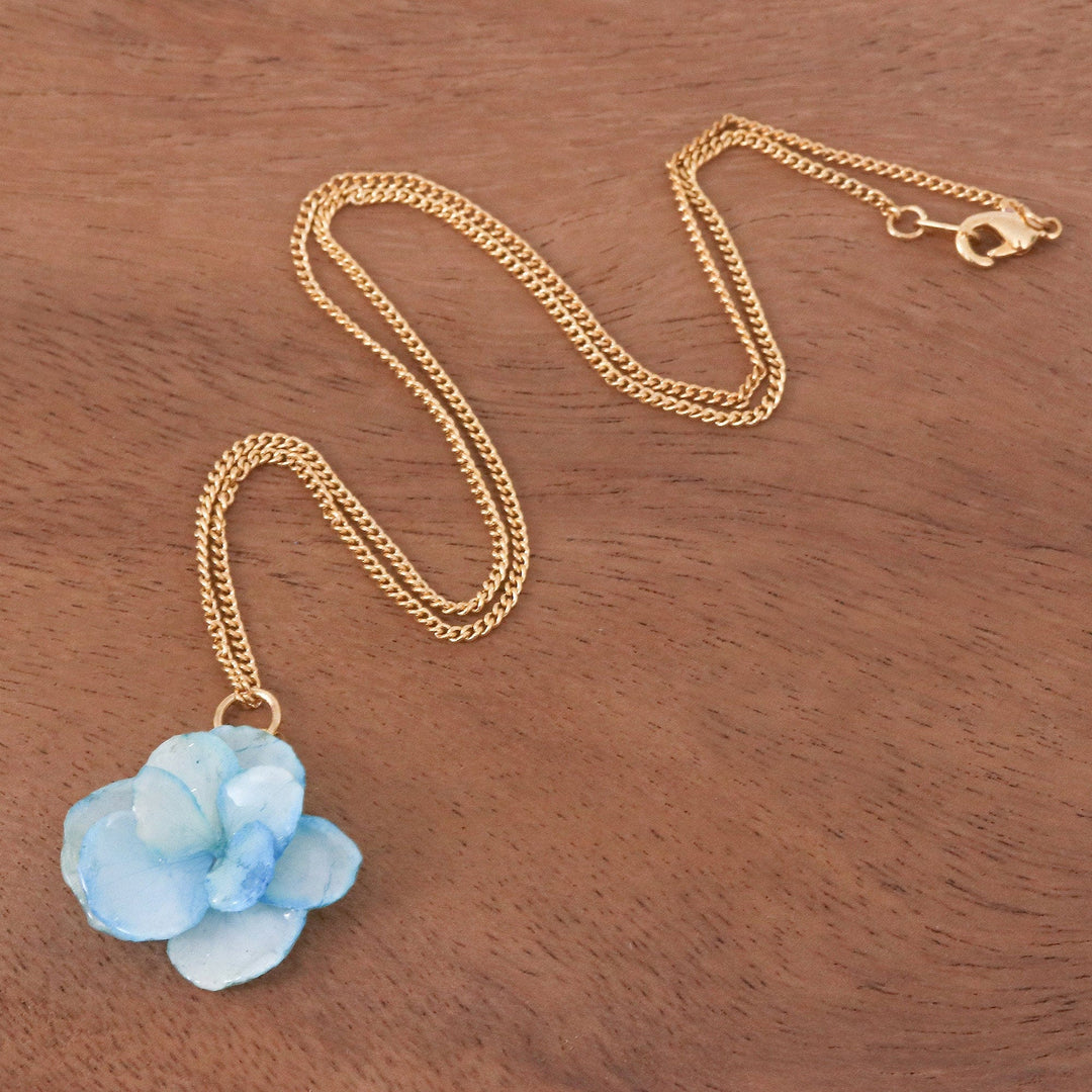 Gold-Plated Blue Hydrangea Petal Pendant Necklace - Wild Hydrangea in Blue