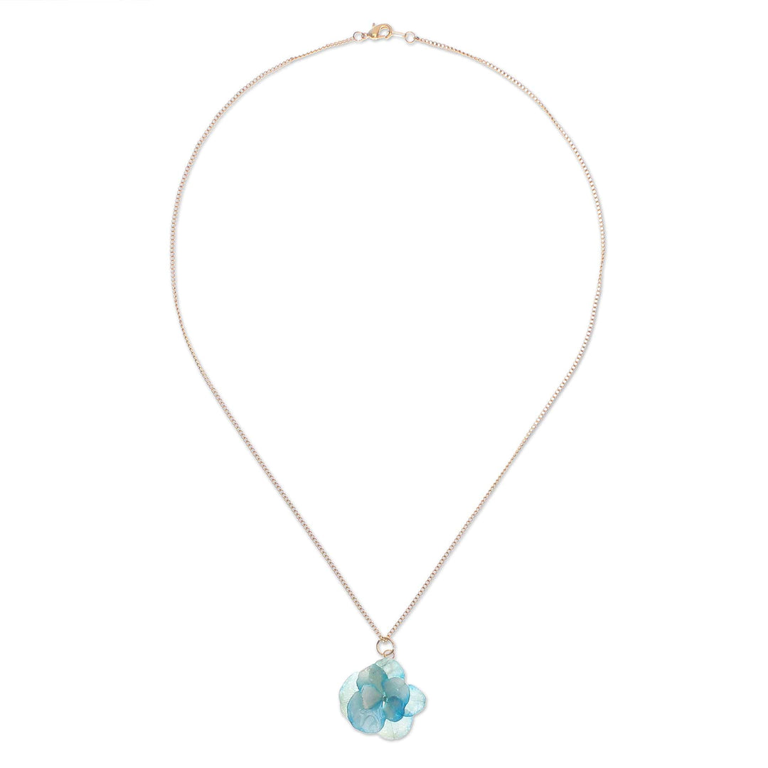 Gold-Plated Blue Hydrangea Petal Pendant Necklace - Wild Hydrangea in Blue