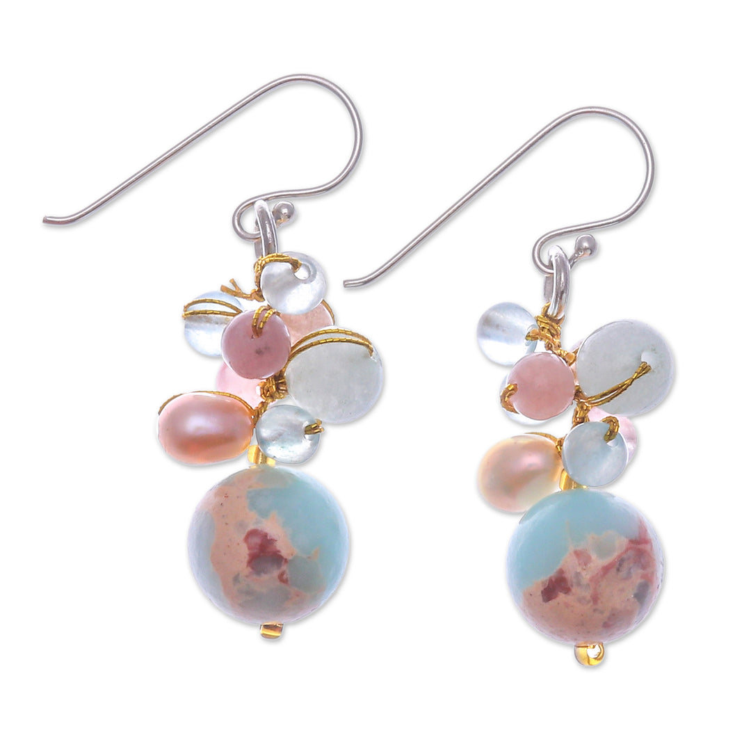 Jasper Cultured Pearl and Quartz Beaded and Hooked Earrings - Cave Treasures