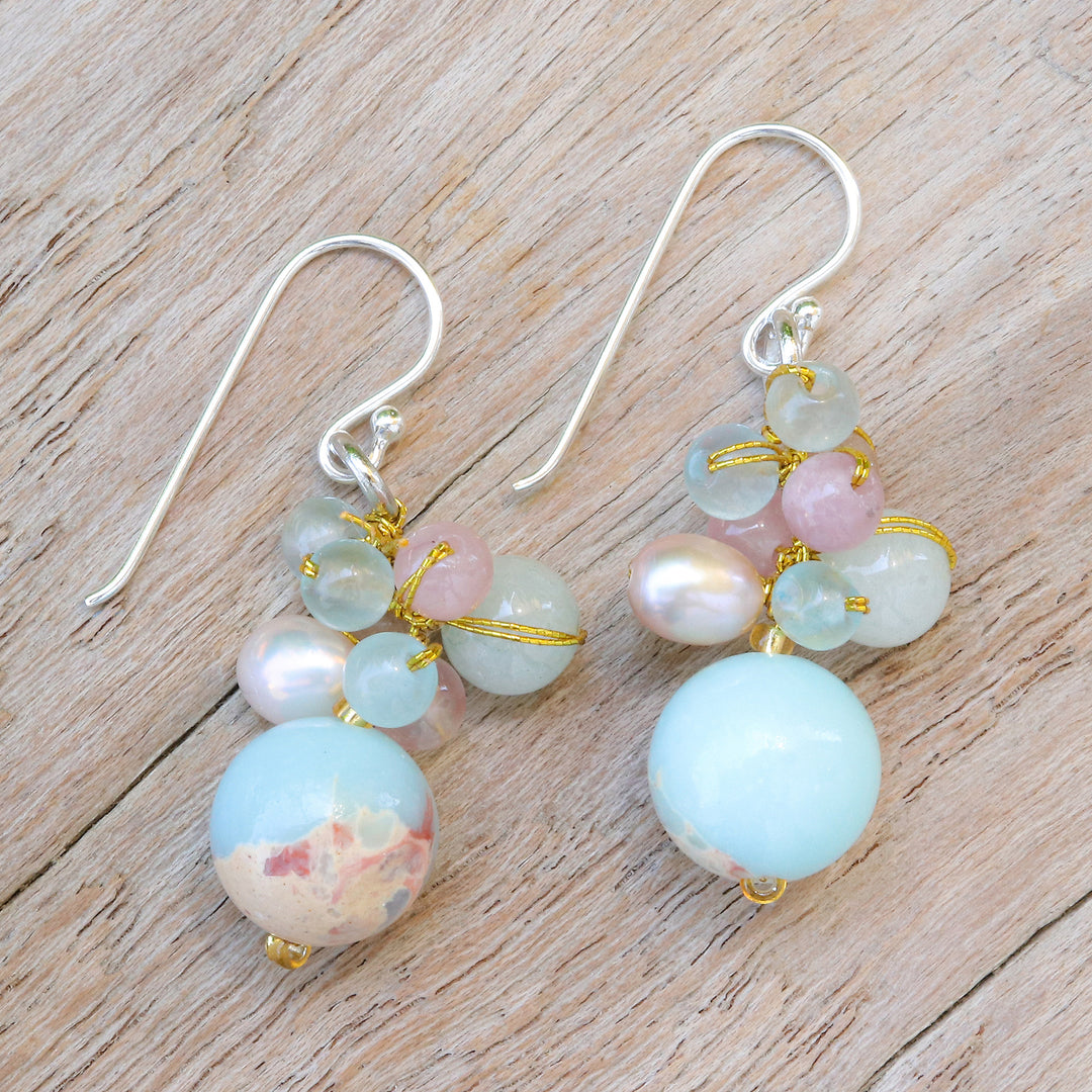 Jasper Cultured Pearl and Quartz Beaded and Hooked Earrings - Cave Treasures
