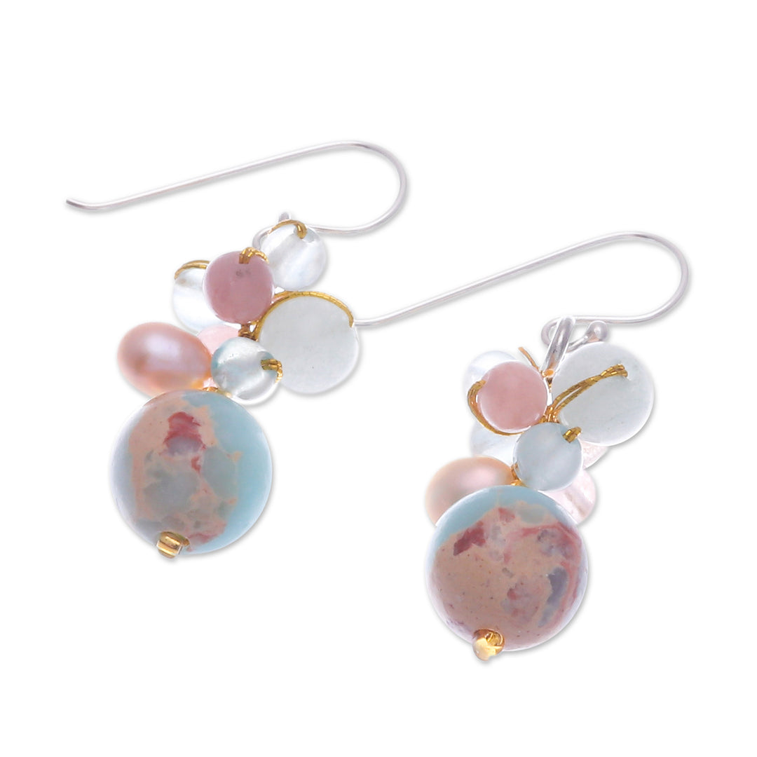 Jasper Cultured Pearl and Quartz Beaded and Hooked Earrings - Cave Treasures