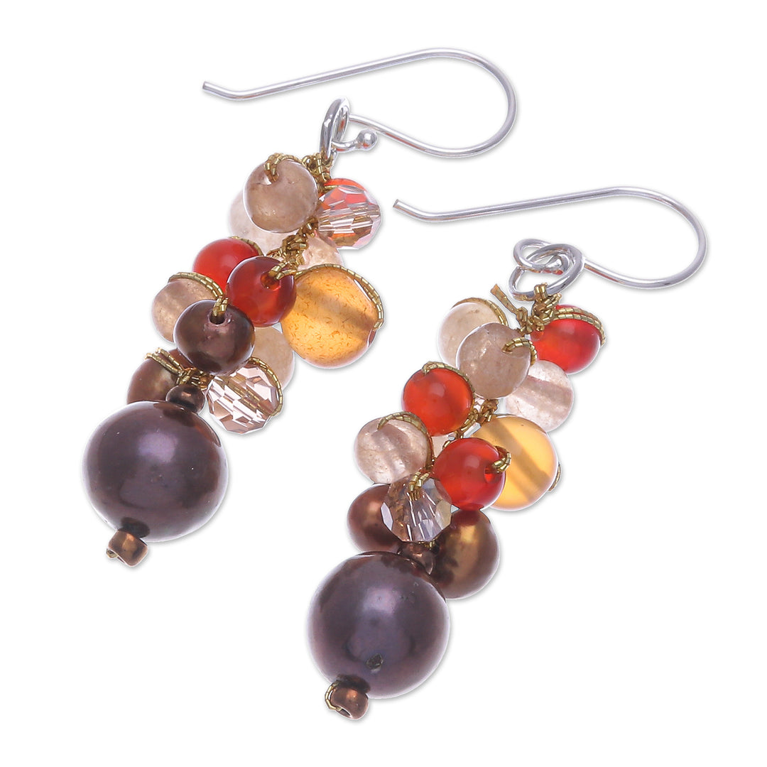 Chalcedony and Cultured Pearl Dangle Earrings - Chocolate Truffle