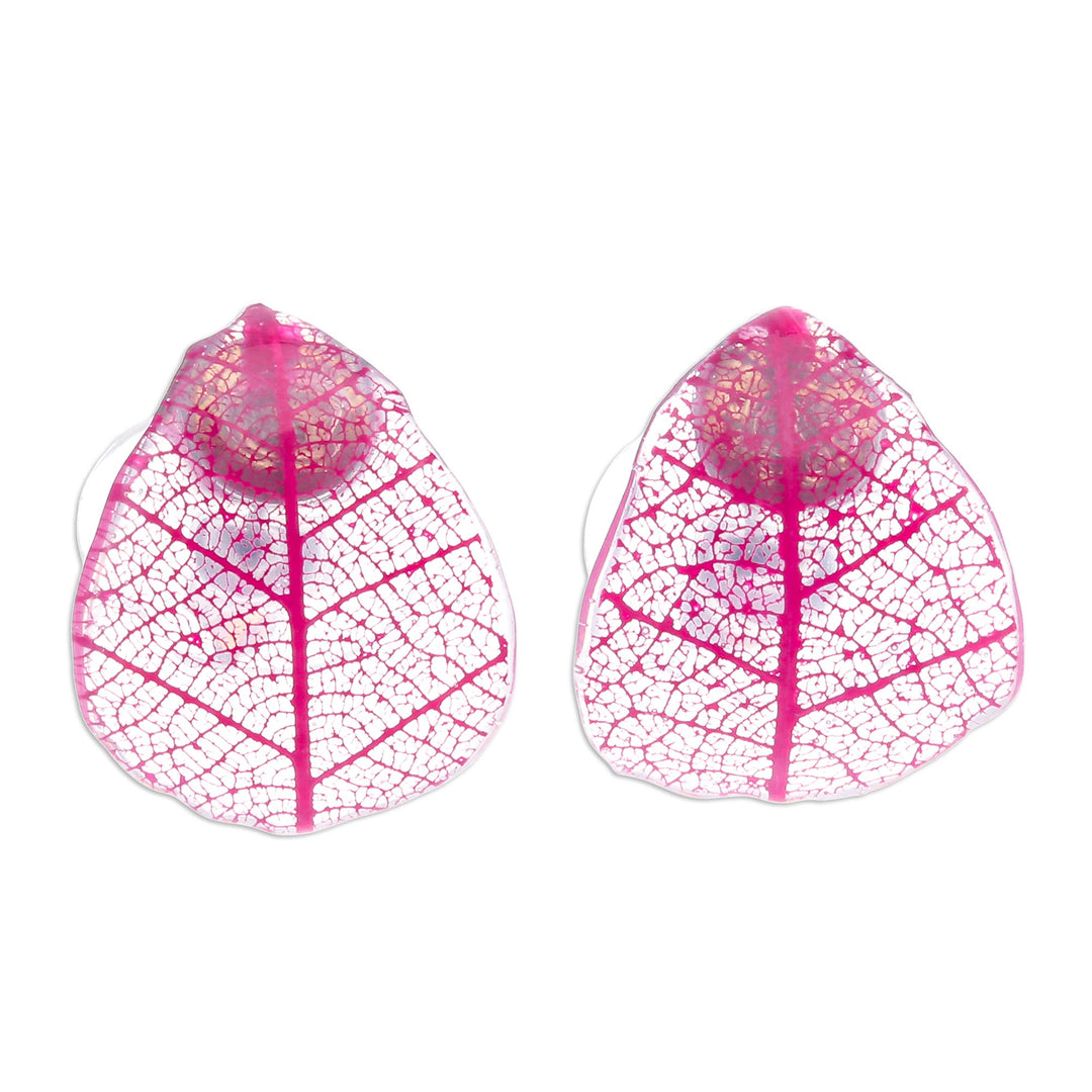 Pink Rubber Tree Leaf Button Earrings from Thailand - Tea Garden in Pink