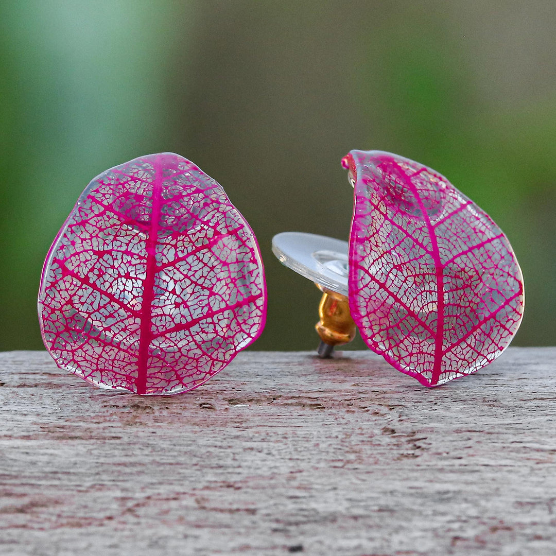 Pink Rubber Tree Leaf Button Earrings from Thailand - Tea Garden in Pink