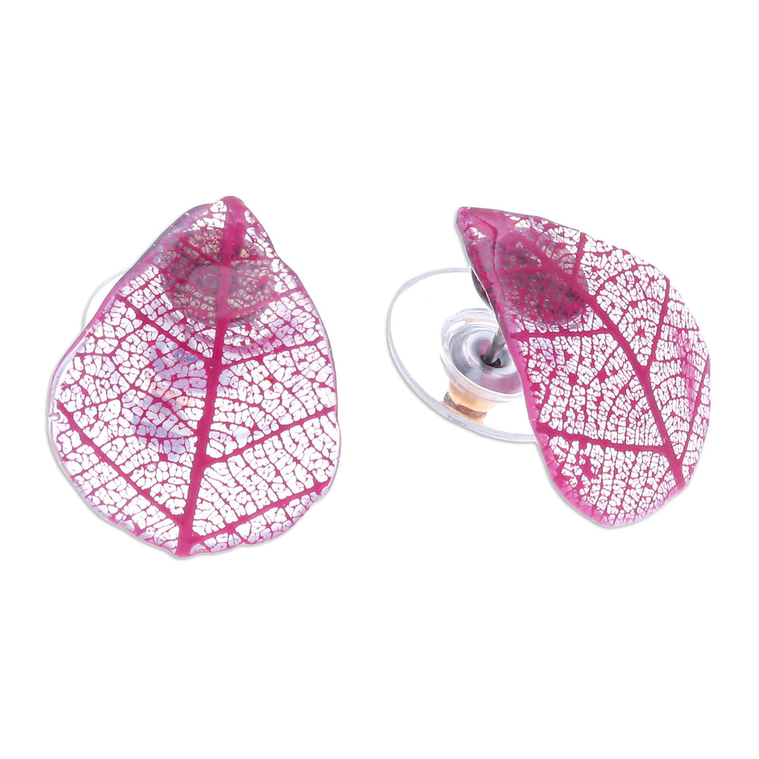 Pink Rubber Tree Leaf Button Earrings from Thailand - Tea Garden in Pink