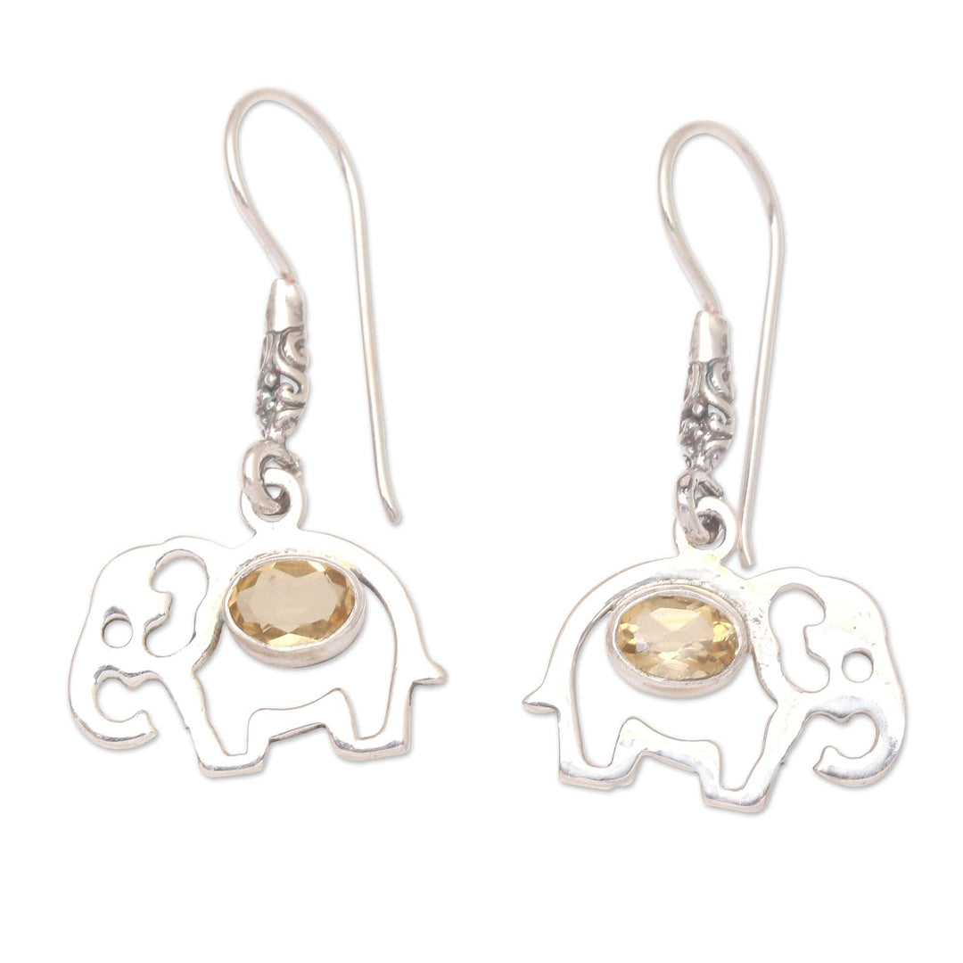 Citrine Dangle Earrings with Elephant Motif - Elephant Surprise
